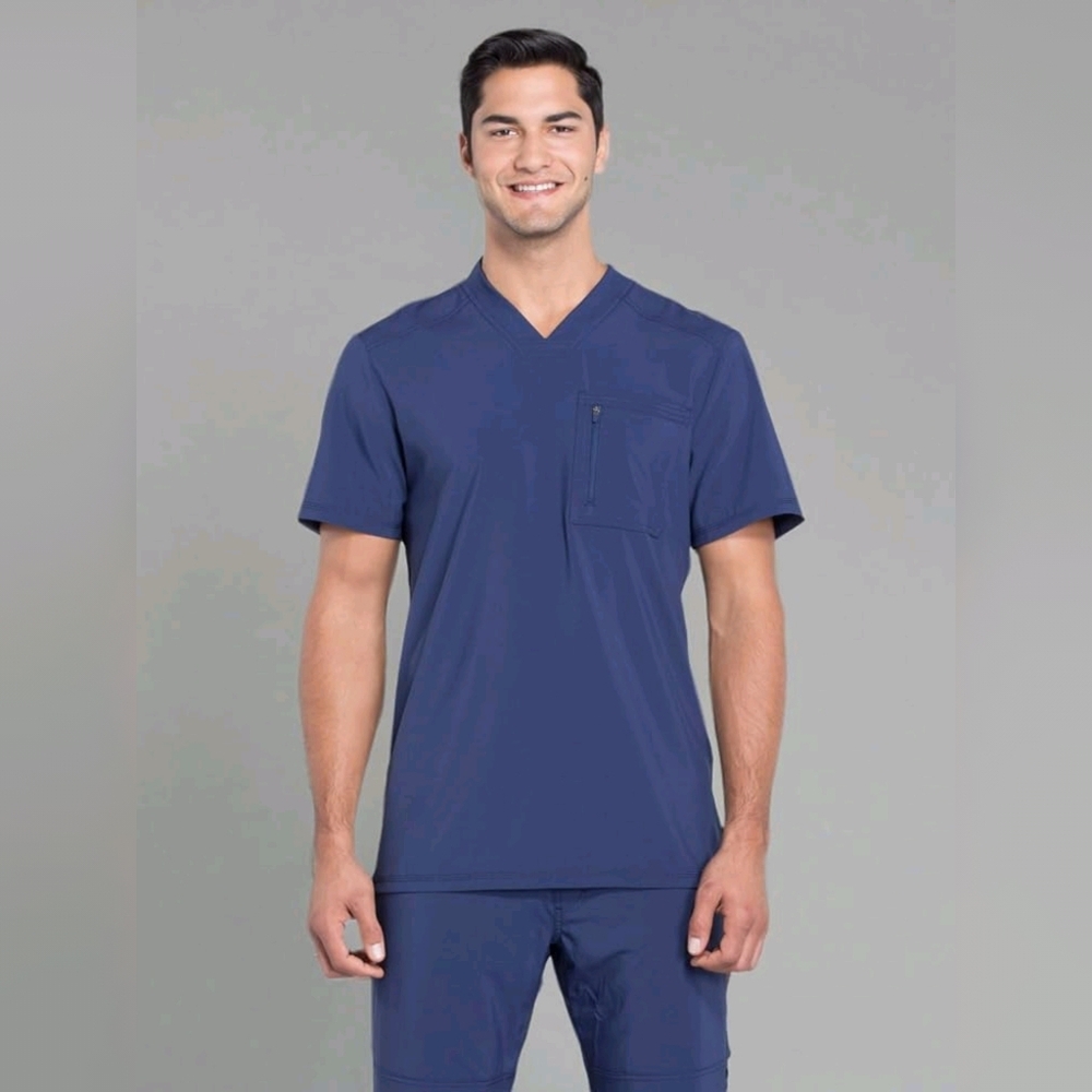 Cherokee Infinity Men's V-Neck Knit Panel Solid Scrub Top - Navy -M